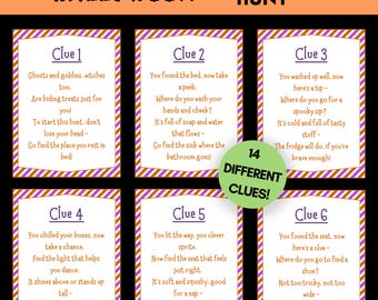 Búsqueda del tesoro de Halloween imprimible para niños en interiores con tarjetas de pistas - Descarga digital instantánea en PDF