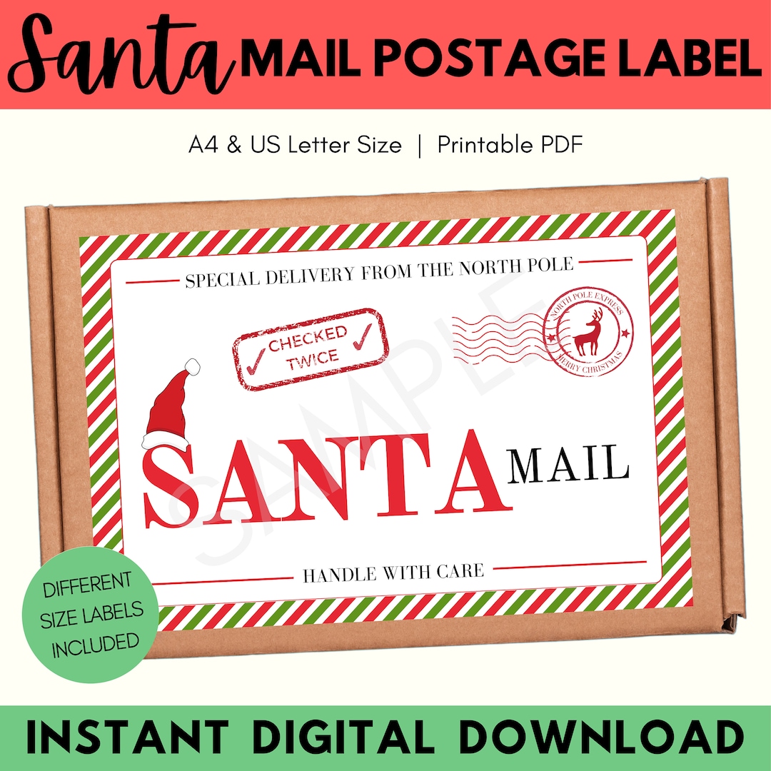 Santa Shipping Label, Printable PDF, Santa Mail, Santa Postage Label ...