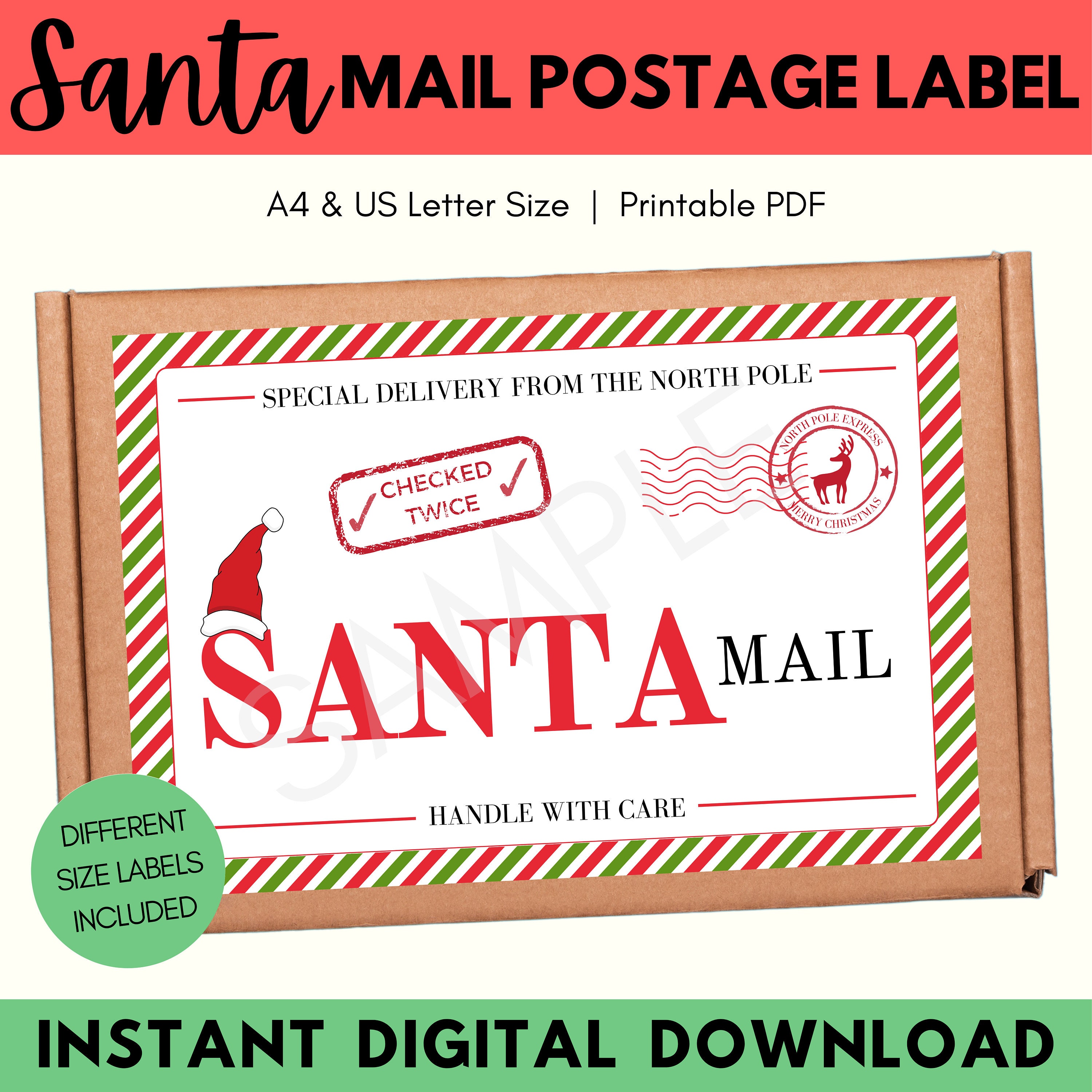 Santa Shipping Label, Printable PDF, Santa Mail, Santa Postage Label ...