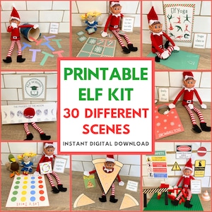 Kit de elfo para impressão, 30 ideias de elfo de Natal, adereços de elfo para download, atividades de elfo de Natal em PDF para impressão, chegada do elfo, kit de acessórios de elfo