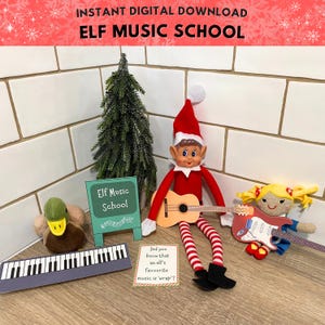 Utskrivbara älvmusikskola rekvisita, älvgitarr och keyboard, utskrivbar julälvmusiklektion, roliga älvidéer, direktnedladdning av älvscen