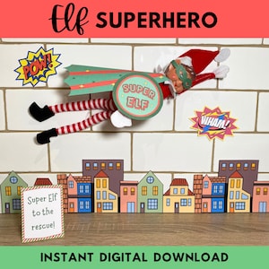 Accesorios imprimibles de superhéroes elfos, capa y escudo de superhéroe elfo navideño, ideas divertidas para elfos, accesorios para elfos, escena de elfos con descarga digital instantánea