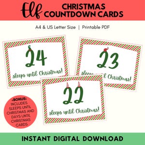 Elf Christmas Countdown Cards Printable PDF, Days Until Christmas Cards, Sleeps Until Christmas Cards, Xmas Countdown, Instant Download