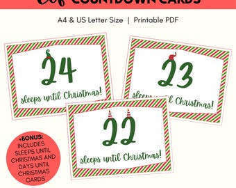 Elf Christmas Countdown Cards Printable PDF, Days Until Christmas Cards, Sleeps Until Christmas Cards, Xmas Countdown, Instant Download