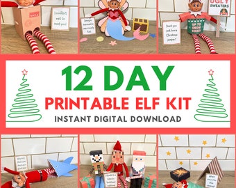 Kit de elfo para impressão, pacote de 12 dias, 12 cenas de elfo de Natal, kit de adereços de elfo para download, acessórios de elfo, atividades de elfo, download digital em PDF