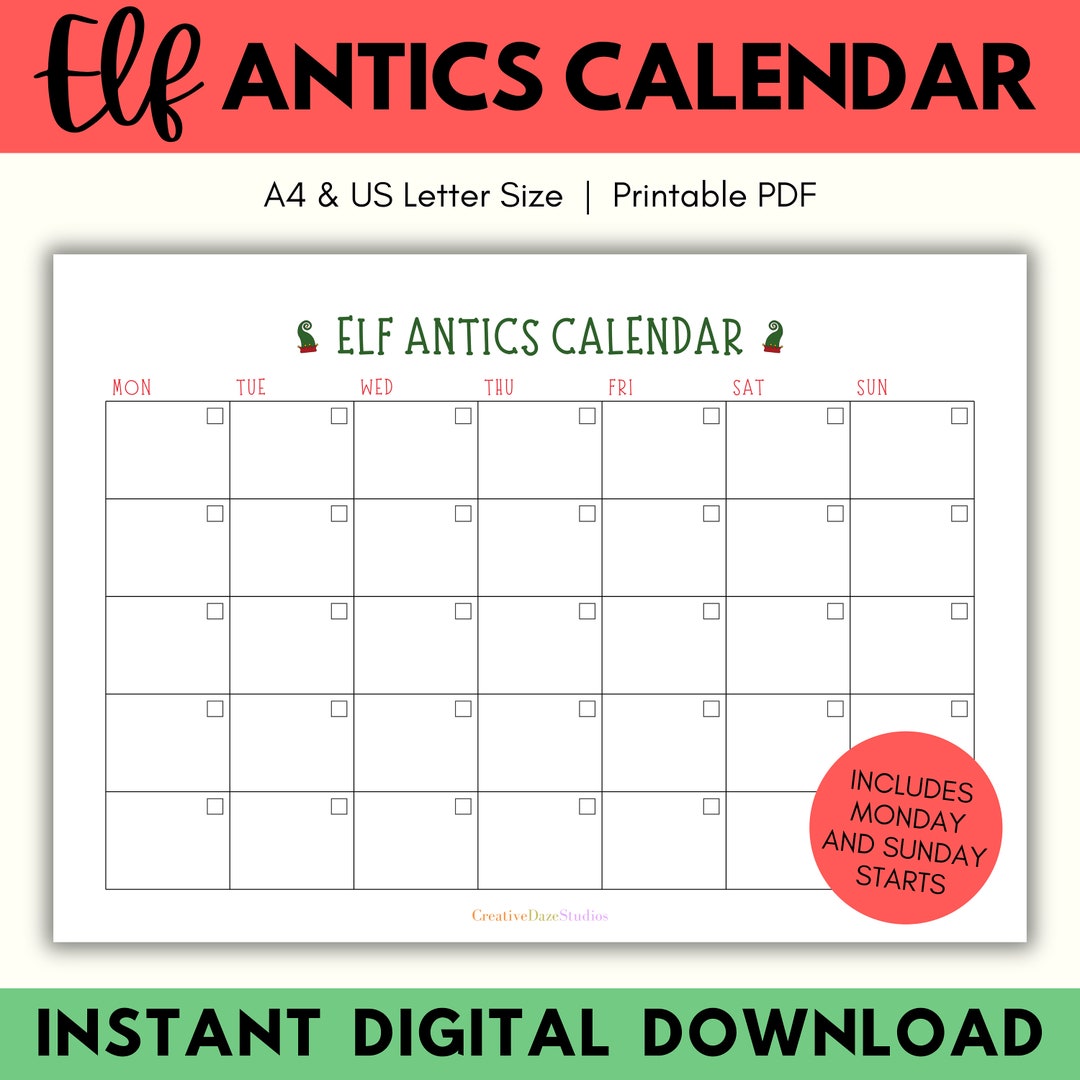 Printable Elf Planning Calendar, Printable Elf Calendar PDF, December