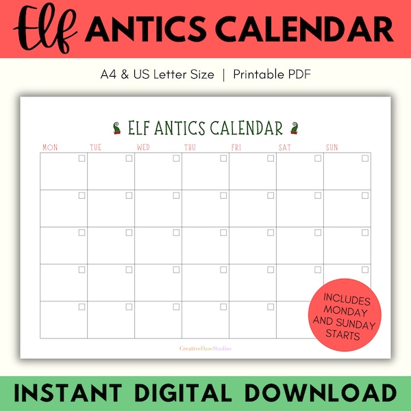 Printable Elf Planning Calendar, Printable Elf Calendar PDF, December Elf Planner, Christmas Elf Calendar, Elf Activities, Digital Download