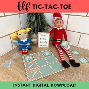 Do druku rekwizyty do gry w kółko i krzyżyk z elfem, scena z gry planszowej z elfami na Boże Narodzenie, prosta aktywność z elfem, pomysł na elfa na ostatnią chwilę, cyfrowa wersja sceny z elfem w formacie PDF