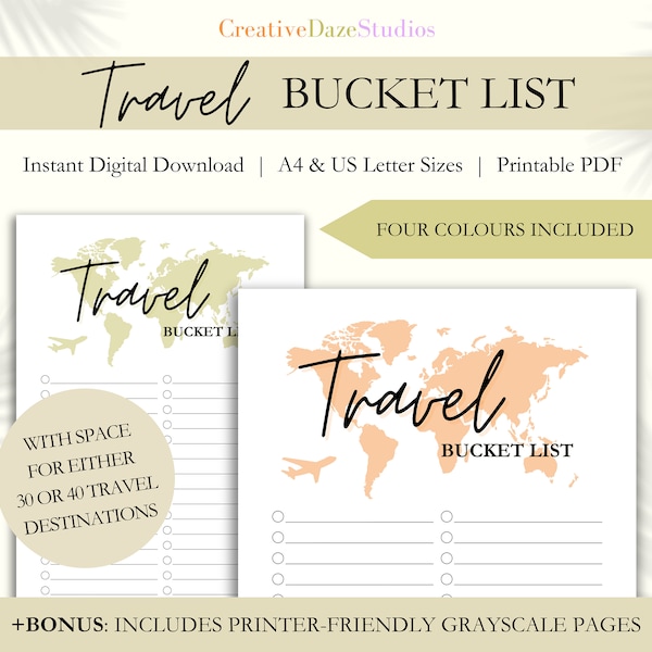 Travel Bucket List Printable PDF, Instant Digital Download, Travel Planner, Travel Checklist, Holiday Wish List, Adventure Bucket List