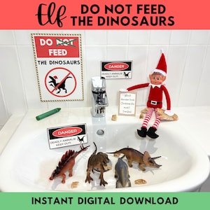 Do druku rekwizyty Elfa „Nie karmić dinozaurów”: format A4 i format US Letter, natychmiastowe pobranie cyfrowe, świąteczne rekwizyty Elfa