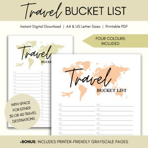 Travel Bucket List Printable PDF, Instant Digital Download, Travel Planner, Travel Checklist, Holiday Wish List, Adventure Bucket List