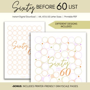 Bucket List för sextio före 60, utskrivbar PDF, 60 före 60-lista, bucket list för 50-talet, 50-årspresent, 55-årspresent, 58-årspresent, digital nedladdning direkt