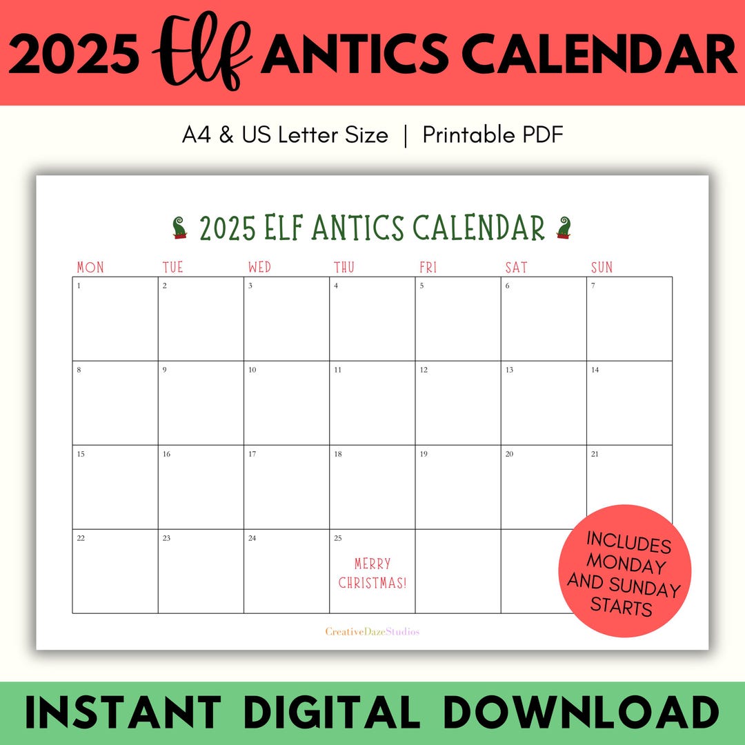 Printable 2025 Elf Planning Calendar, December 2025 Elf Planner