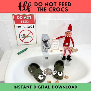 Do druku rekwizyty Elfa Nie Karmić Krokodyli: format A4 i format US Letter do natychmiastowego pobrania w wersji cyfrowej Rekwizyty Elfa na Boże Narodzenie