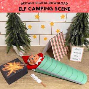Printable Elf Camping Props, Christmas Elf Sleeping Bag and Campfire, Funny Elf Ideas, Elf Accessories, Instant Digital Download Elf Scene