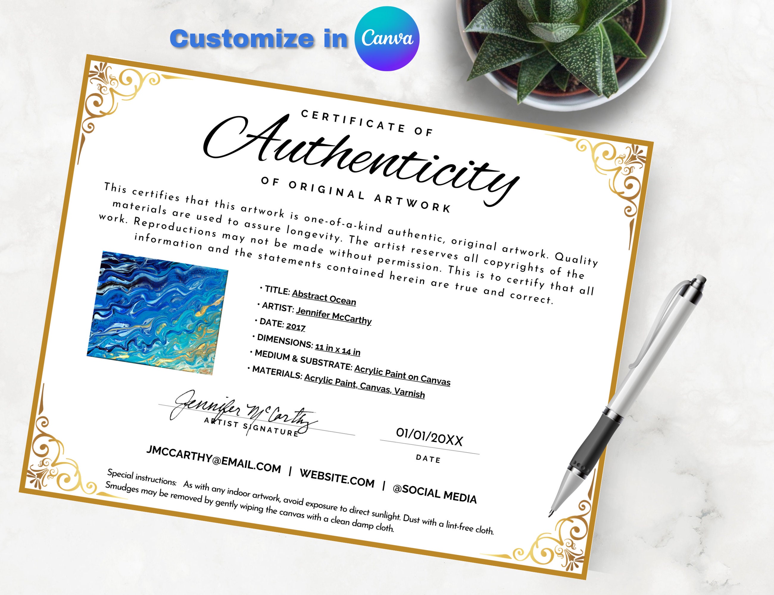 Certificate of Authenticity for Art, Editable Artist Certificate of Certificate of Authenticity for Art, Editable Artist Certificate of