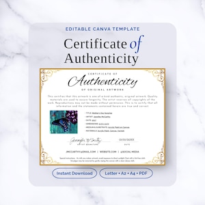 Certificate of Authenticity for Original Artwork, Editable Artist COA Template in Canva, Printable Art Certificate, Instant Download