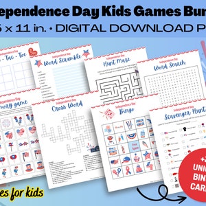 Paquete de 8 juegos para niños para juegos imprimibles del Día de la Independencia, juegos patrióticos del 4 de julio, descarga instantánea