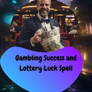 Może przedstawiać: Mężczyzna w smokingu trzyma torbę pełną gotówki w kasynie. Tekst "Gambling Success and Lottery Luck Spell" jest wyświetlany na niebieskim i fioletowym tle.