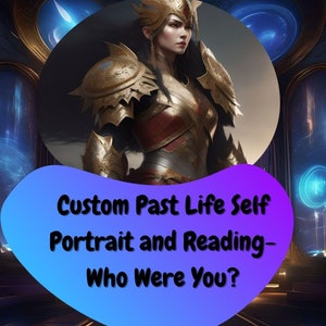 Puede incluir: Una ilustración digital de una mujer con armadura dorada y una corona. El texto "Custom Past Life Self Portrait and Reading - Who Were You?" se muestra sobre un fondo azul y morado.