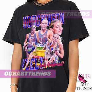 Może przedstawiać: Czarny t-shirt z krótkim rękawem z kolażem zdjęć lekkoatletki w stroju biegowym Great Britain. Napis HODGKINSON i KEELY widnieje dużymi niebieskimi literami, wraz z dodatkowym tekstem, w tym World Record oraz Sony.