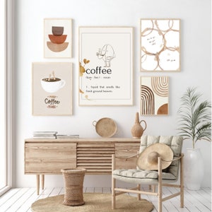 Abstract Coffee Wall Art Set of 5 Prints, Minimalist Printable Coffee Decor, Neutral Digital Art for Kitchen, Cafe, Coffee Bar Lovers