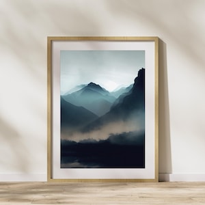 Foggy Forest Art | Black White Mountain Prints | Watercolor Mountain Art | Landscape Wall Art | Dark Nature Art Print | Dark Mountain Prints