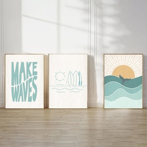 Boho Surf Wall Art Set of 3 Prints, Coastal Beach Poster Prints, Minimalist Surfing Decor, Ocean Wall Art for Living Room or Bedroom
