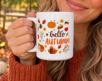 15 oz Fall Coffee Mug, Hello Autumn Design, Ceramic Cup, Seasonal Gift