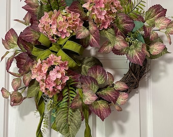 Hydrangea & Fern Wreath: Olive Ribbon, Grapevine Base