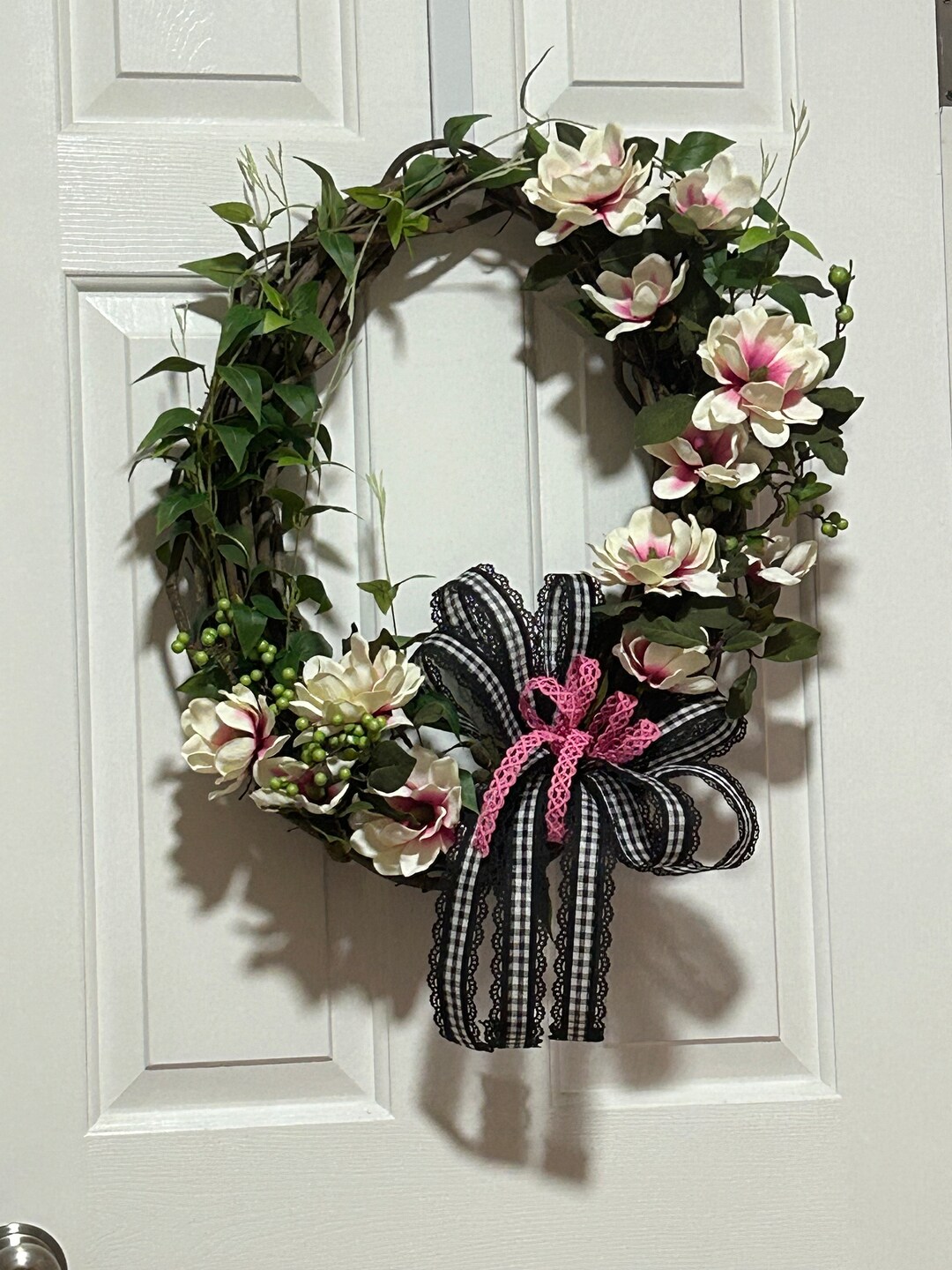 Oval Pink Magnolia Designer Wreath on Large Vine Handwoven Grapevine ...