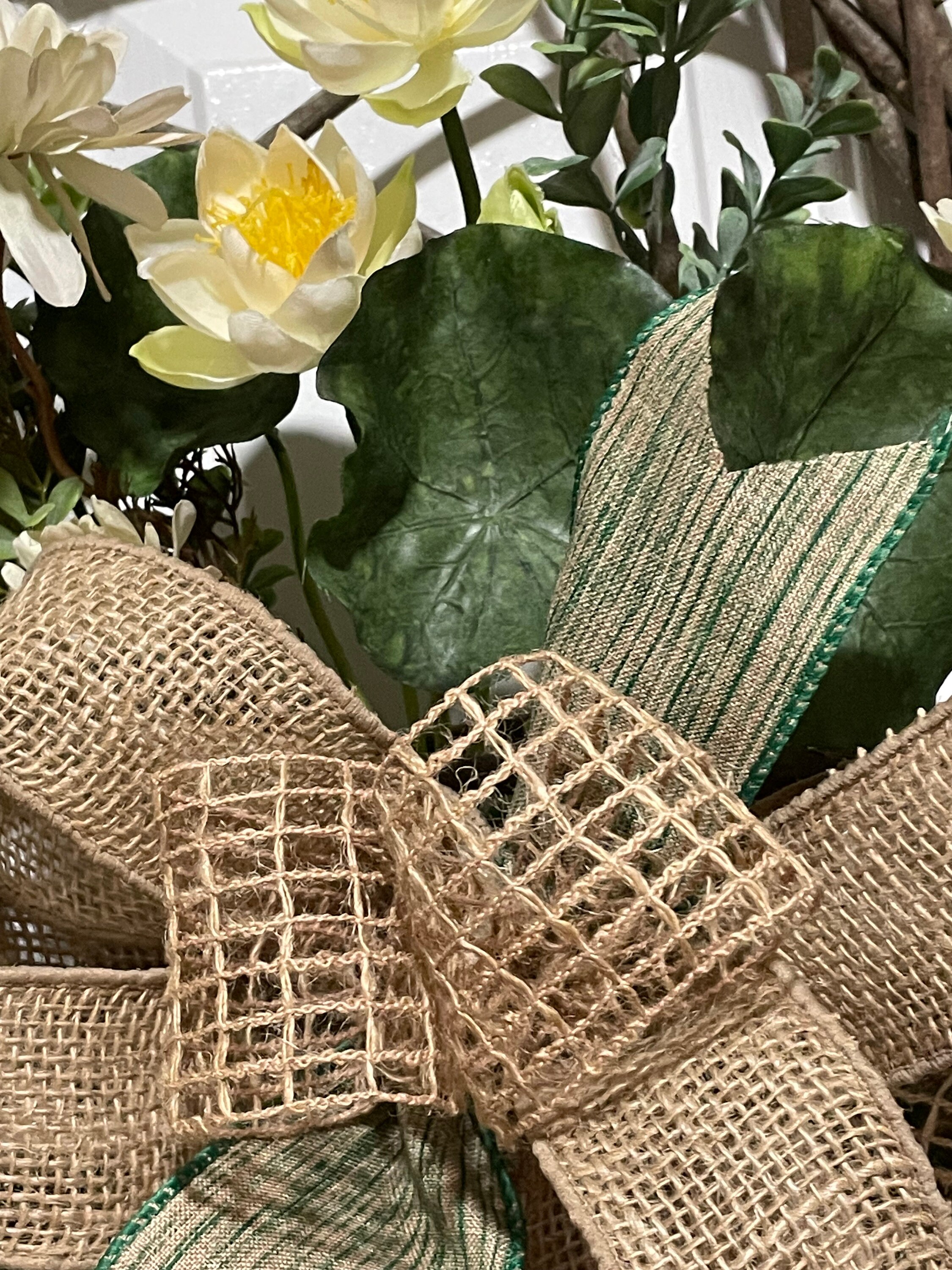 Handmade Grapevine Swag Basket, Large Vines With Day Lillies, Boxwood