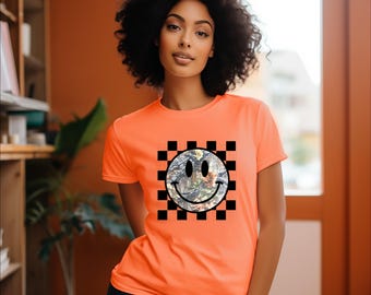 Checkered Camo Smiley DTF Transfer, Heat Press Ready