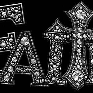 May include: A decorative graphic design featuring the word FAITH, where the letter T is replaced by a cross. The letters and cross are rendered in a metallic silver finish, heavily embellished with numerous clear, faceted rhinestones and studs.