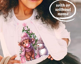 Cute Pink Highland Cow Christmas Tree Snowman Shirt, Fluffy Cow Xmas Holiday Tee Trendy Highland Cow Xmas Sweatshirt Heilan Coo Bubble Shirt