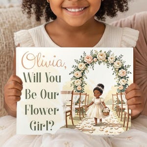 May include: A rectangular sign featuring the text "Olivia, Will You Be Our Flower Girl?" in dark green and copper script. The illustration depicts a young girl in a white dress walking down a wedding aisle lined with chairs and a floral arch.