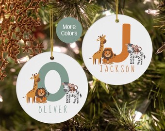 Personalized Safari Jungle Christmas Ornament for Kids, Kids Animal Monogram Ornament, Custom Name Safari Ornament, Fun Kids Ornament Gift