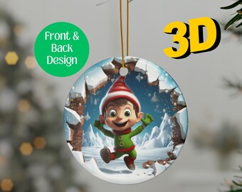 Cute 3D Elf Christmas Breakthrough Ornament, Christmas Hole In the Wall Ornament, 3D Inflated Christmas Ornament, Broken Wall Xmas Ornament