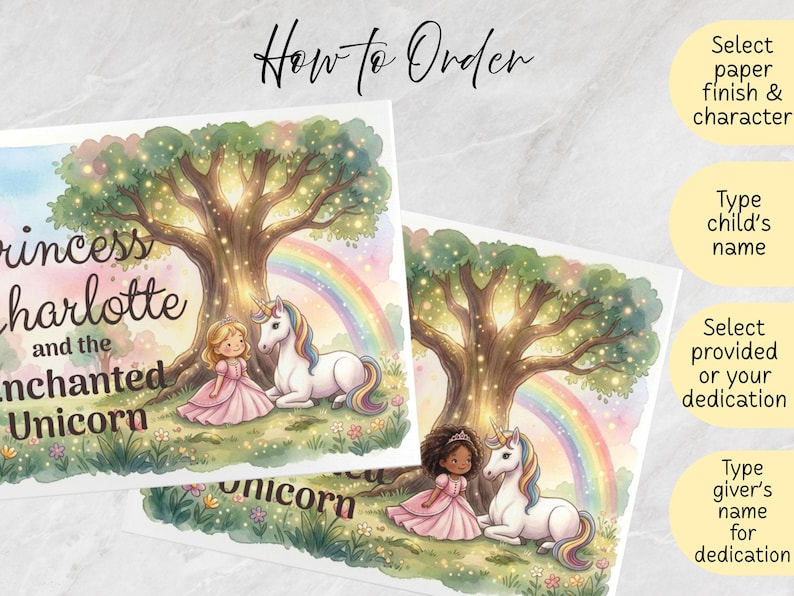 May include: Two rectangular prints featuring watercolor illustrations of a princess and a unicorn under a large tree with a rainbow. The text reads How to Order, Princess Charlotte and the Enchanted Unicorn, and instructions for selecting paper and names.