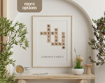 May include: A framed print with a scrabble tile design spelling out the names "Avery", "Brett", "Lola", and "Anna" with a paw print at the bottom. The print has the text "Jameson Family" below the design.