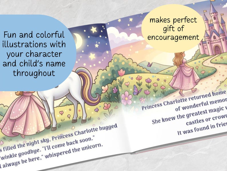 May include: A children's storybook page featuring colorful illustrations of a princess in a pink dress and a white unicorn in a meadow. Text reads: Fun and colorful illustrations with your character and child's name throughout, makes perfect gift of encouragement, Princess Charlotte returned home, She knew the greatest magic was, It was found in friend, filled the night sky, Princess Charlotte hugged, Twinkle goodbye, I'll come back soon, I always be here, whispered the unicorn.