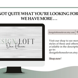 Op de afbeelding: Een computerscherm met een houten achtergrond waarop de tekst "DESIGN LOFT One Eleven" en het websiteadres "designloftoneeleven.etsy.com" wordt weergegeven. De tekst "Bezoek onze winkel om meer stijlen van deze en andere te zien. Link beschikbaar in de beschrijving of ga naar: designloftoneeleven.etsy.com Koop nu!" wordt ook op het scherm weergegeven.