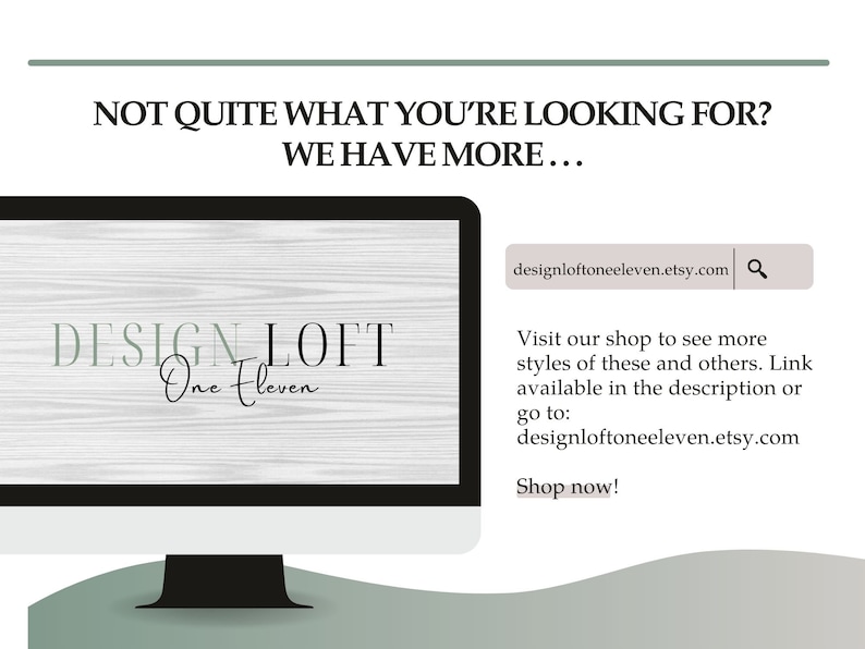Op de afbeelding: Een computerscherm met een houten achtergrond waarop de tekst "DESIGN LOFT One Eleven" en het websiteadres "designloftoneeleven.etsy.com" wordt weergegeven. De tekst "Bezoek onze winkel om meer stijlen van deze en andere te zien. Link beschikbaar in de beschrijving of ga naar: designloftoneeleven.etsy.com Koop nu!" wordt ook op het scherm weergegeven.