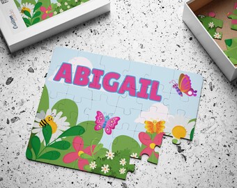 Flowers and Butterflies Personalized Jigsaw Puzzle, Learning Toys, Birthday Gifts for Girls, Stocking Stuffers, Gifts for Kids, Toddler Toys
