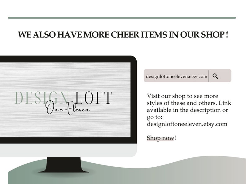K&ouml;nnte beinhalten: Ein Computerbildschirm zeigt den Text "DESIGN LOFT One Eleven" und die Website-Adresse "designloftoneeleven.etsy.com" an. Der Text "Besuchen Sie unseren Shop, um mehr Stile dieser und anderer zu sehen. Link in der Beschreibung verf&uuml;gbar oder gehen Sie zu: designloftoneeleven.etsy.com Jetzt kaufen!" wird ebenfalls auf dem Bildschirm angezeigt.