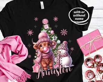 Pink Highland Cow Christmas Tree Snowman Shirt, Fluffy Cow Xmas Holiday Tee, Trendy Highland Cow Xmas Sweatshirts, Heilan Coo Bubble TShirt