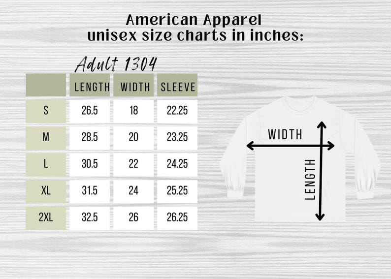 May include: Size chart for adult unisex long-sleeve shirts in inches. The chart shows measurements for length, width, and sleeve length for sizes S, M, L, XL, and 2XL.