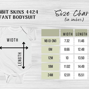 May include: Size chart for infant bodysuits in sizes NB (0-3M), 6M, 12M, 18M, and 24M. Measurements are in inches for width, length, and sleeve.