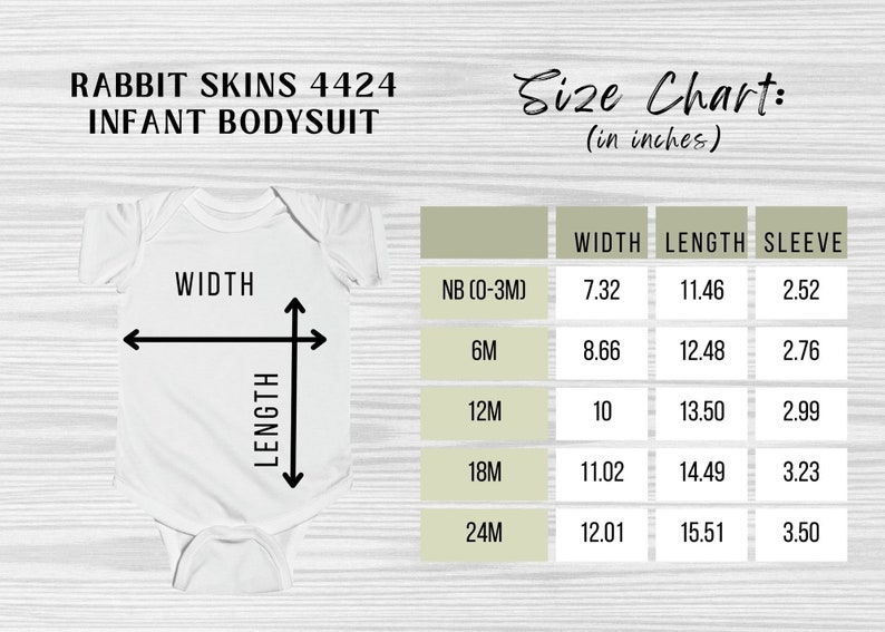 May include: Size chart for infant bodysuits in sizes NB (0-3M), 6M, 12M, 18M, and 24M. Measurements are in inches for width, length, and sleeve.