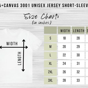 K&ouml;nnte beinhalten: Gr&ouml;&szlig;entabelle f&uuml;r ein Bella + Canvas 3001 Unisex Jersey T-Shirt mit kurzen &Auml;rmeln. Die Tabelle zeigt die Ma&szlig;e in Zoll f&uuml;r Breite, L&auml;nge und &Auml;rmell&auml;nge f&uuml;r die Gr&ouml;&szlig;en S, M, L, XL, 2XL und 3XL.